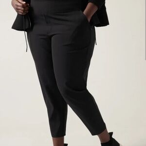 Athleta Pull on ankle Athleasure Black Women's Strechy Pants side satin Sripe